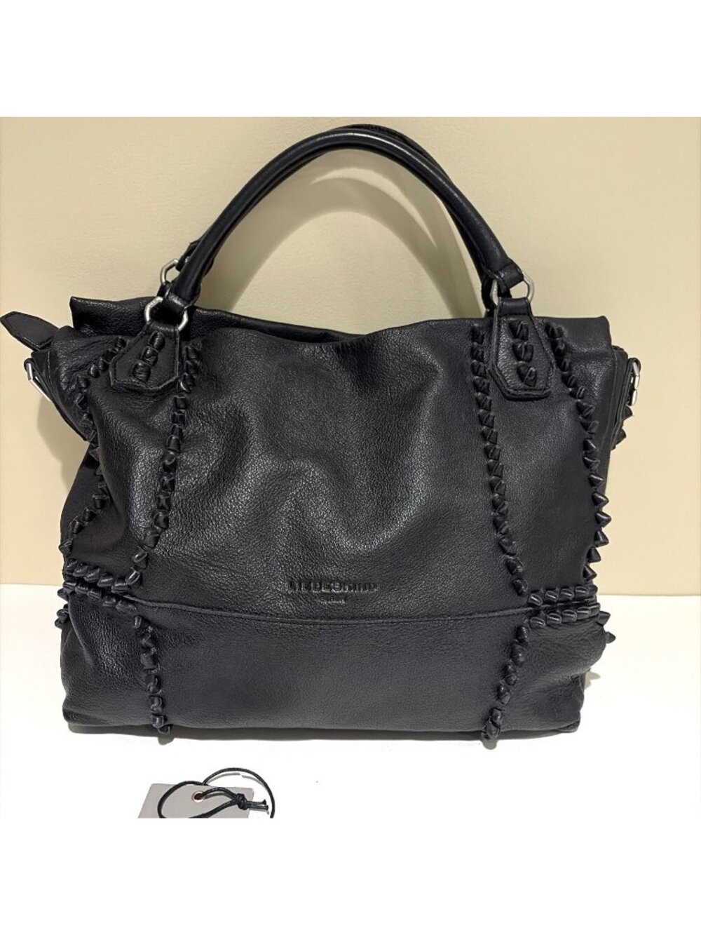 Liebeskind Berlin Black Pebbled Leather Tote Knotted Studs Double Handle Luxury